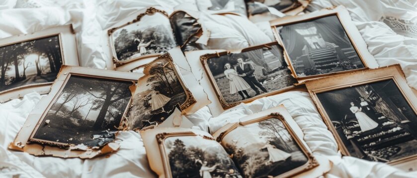 A collection of old, damaged, and torn black-and-white photographs. AI.