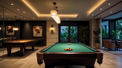 Billiiard Pool Game Room Luxury Villa Phuket Thailand. Phuket, Thailand - February 9, 2028: Luxury billiard table in a basement recreation games room in a luxury villa in Phuket, Thailand
