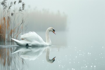 Fototapeta premium A graceful swan gliding on a lake, with a softly blurred background of reeds and a peaceful lakeshore.