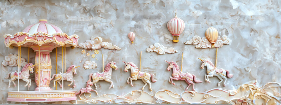 Pink carousel and unicorns wall decoration for a child's bedroom, adding a touch of magic and whimsy