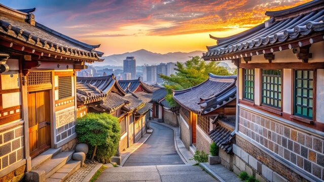 Serene morning scene of traditional Korean architecture, tile-roofed hanok houses, and tranquil alleys in historic Bukchon Hanok Village.