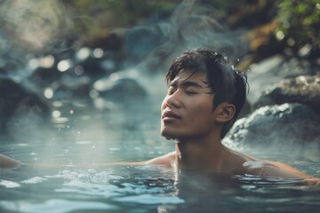 A handsome man bathe in a natural hot springs with steam rising, with a softly blurred background of rocky terrain and greenery.