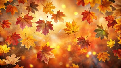 Obraz premium Vibrant orange, yellow, and red maple leaves of various shapes scatter across a warm, gradient autumn background, evoking cozy seasonal feelings.