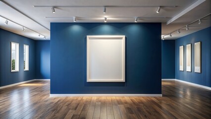 Sleek modern art gallery features solitary large white frame against rich deep blue wall perfect for minimalist art displays.