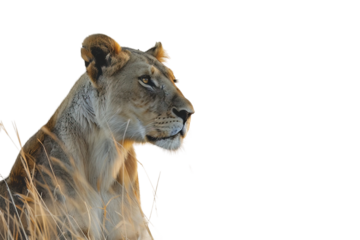 Lioness stalking prey with intense focus isolated on transparent background