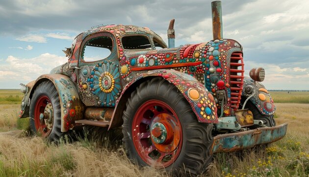 A colorful and unique art car sits in a grassy field. AI.