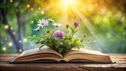 Serene abstract background with blooming flowers and lush greenery emerging from open book, symbolizing growth of positive thoughts.