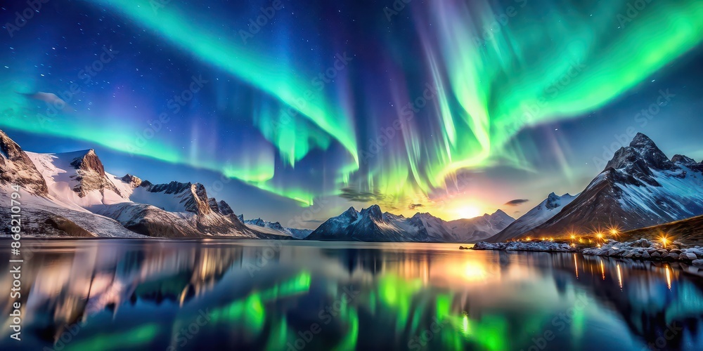 Wall mural Northern lights illuminating the sky over the majestic fjords , aurora borealis, Norway, landscape, mountains, colorful, sky