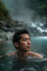 Fototapeta premium A handsome man bathe in a natural hot springs with steam rising, with a softly blurred background of rocky terrain and greenery.