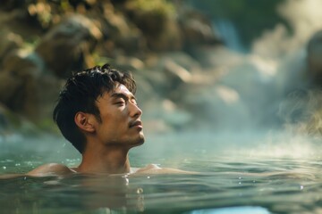 Fototapeta premium A handsome man bathe in a natural hot springs with steam rising, with a softly blurred background of rocky terrain and greenery.