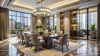 Modern dining room with elegant decor, large windows, and a spacious layout, creating a luxurious dining experience