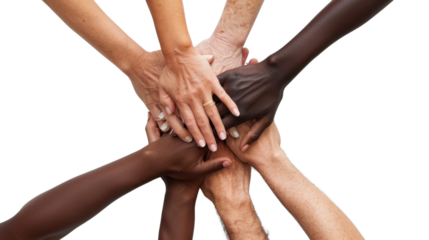 Multicultural diversity joining of hands, handshake, togetherness, community photo with diverse skin colors on transparent background