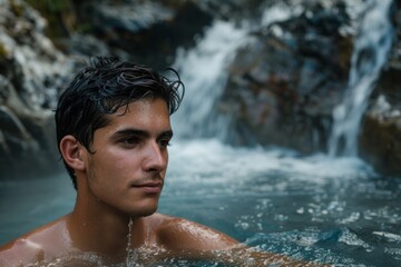 Fototapeta premium A handsome man bathe in a natural hot springs with steam rising, with a softly blurred background of rocky terrain and greenery.