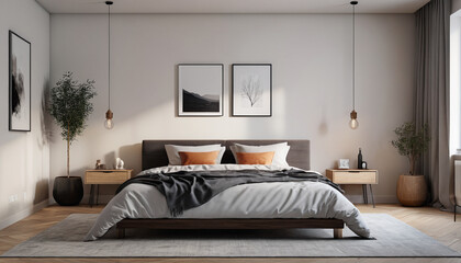 A minimalist bedroom featuring clean lines, simple furnishings, and a serene ambiance, creating a perfect retreat for rest and relaxation, Generative AI
