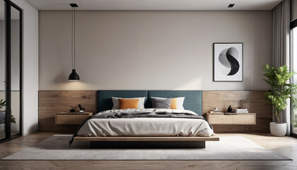Contemporary bedroom wall with minimalistic interior design, focusing on essential furnishings and a calm atmosphere, ideal for a clutter-free and restful environment, Generative AI
