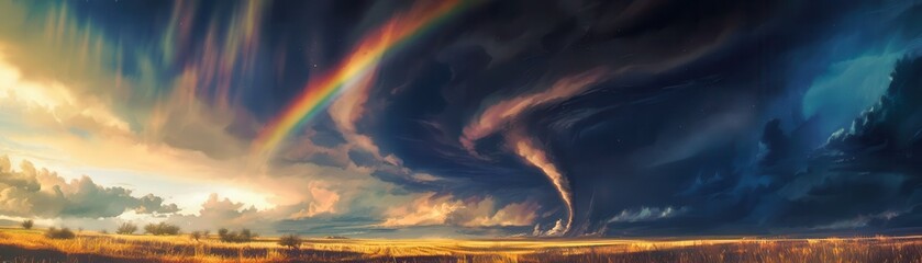 Panoramic view of a dramatic tornado forming under dark storm clouds with a vibrant rainbow arching across the sky over the open landscape.