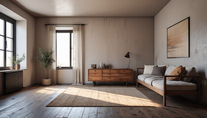 Fototapeta premium Neutral Rustic Room: Empty Wall, Subdued Hues, and Calm Environment, Generative AI