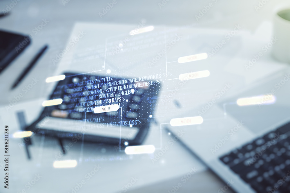 Poster Double exposure of abstract creative programming illustration on calculator and pc background, big data and blockchain concept