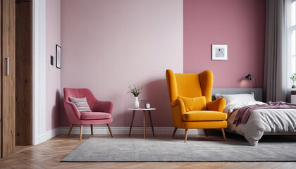 An ordinary bedroom featuring a solitary comfortable chair, embellished in lively tones against a plain backdrop, creating a modest yet comfortable retreat for unwinding, Generative AI
