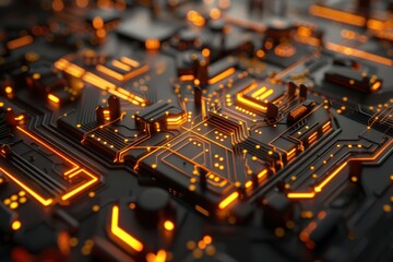 Abstract background image of a futuristic circuit board glowing with orange light. Concepts. technology, computing, data, electronics.