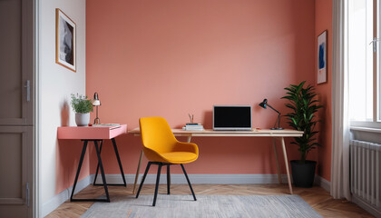 A regular study corner in a tiny apartment featuring a solitary desk chair, decorated in bright tones against a simple wall, offering a practical space for focused work or study, Generative AI