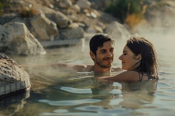 A lovely couple bathe in a natural hot springs with steam rising, with a softly blurred background of rocky terrain and greenery. 