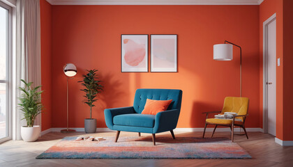A standard sitting area in a compact flat with a single comfortable recliner, adorned in vibrant shades against an empty background, offering a cozy retreat for reading or relaxation, Generative AI