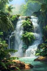 A lush waterfall cascading in a jungle, with a softly blurred background of dense tropical vegetation. 