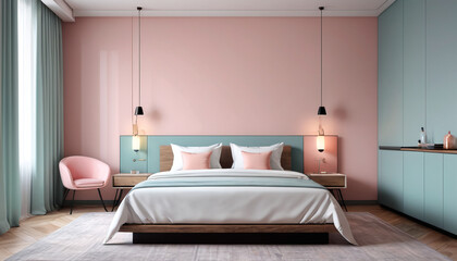 A modern hotel room adorned with subtle pastel colors against an empty wall, offering a sleek and contemporary environment for guests to enjoy a restful and rejuvenating stay, Generative AI