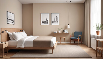 A serene -inspired hotel room with a plain wall backdrop, featuring calm and muted tones, offering a tranquil and modern environment for guests to relax and unwind, Generative AI