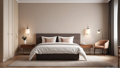 An elegant -style hotel room with a plain wall backdrop, adorned in neutral and muted tones, offering a serene and stylish space for guests to unwind and enjoy a peaceful stay, Generative AI