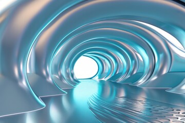 Obraz premium Futuristic metallic tunnel with glowing neon lights, an abstract architectural visualization. Concept of science fiction, metaverse, and the future.
