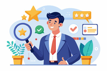 Businessman Evaluating Performance and Reputation, Seeking Positive Customer Feedback and High Quality Service Rating