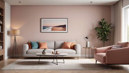 Fototapeta premium A calm and modern environment in a minimalist living room with a plain wall backdrop, adorned in subtle and soft hues, inviting guests to relax and enjoy their stay, Generative AI