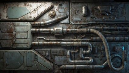  a rusty metal wall texture with pipes and wiring