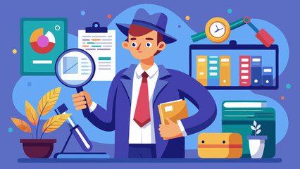 Detective Researcher Analyzing Data and Investigating Insights, Discovering Information with Curiosity and Magnifying Glass