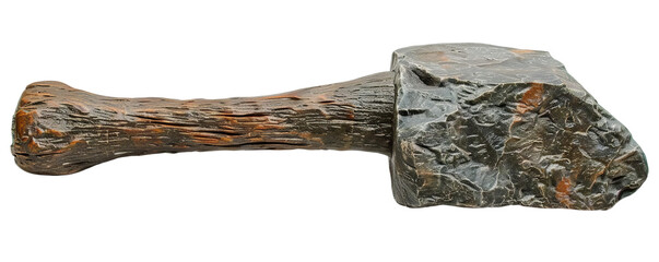 Ancient stone hammer with a wooden handle, isolated on a white background. Historical tool used for various early construction tasks.