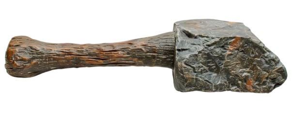Ancient stone hammer with a wooden handle, isolated on a white background. Historical tool used for various early construction tasks.