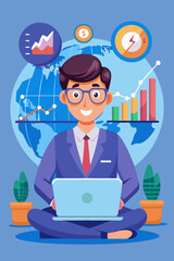 Investor analyzing global stock market trends and financial growth on laptop with world map and graphs