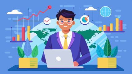 Investor analyzing global stock market trends and financial growth on laptop with world map and graphs