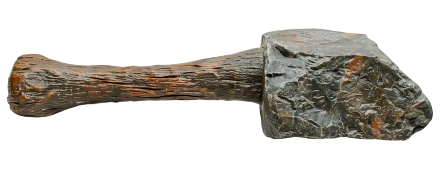 Ancient stone hammer with a wooden handle, isolated on a white background. Historical tool used for various early construction tasks.