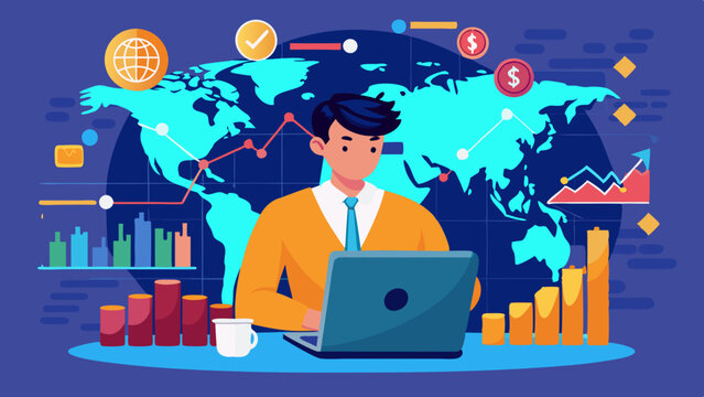 Investor analyzing global stock market trends and financial growth on laptop with world map and graphs