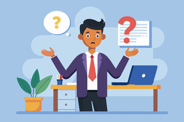 Perplexed Employee Shrugging with Question Mark, Depicting Awkward and Clueless Moment at Workplace