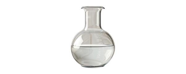 Clear glass round-bottom flask partially filled with liquid for laboratory usage, isolated on a transparent background.