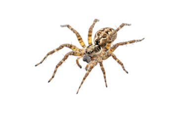 A close-up of a large, hairy spider with eight legs. The spider has a brown and tan body and is isolated on a black background.