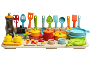 Colorful toy kitchen utensils and cookware set on a white surface.