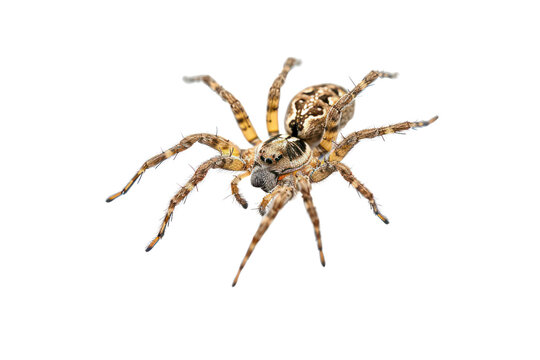 A close-up of a large, hairy spider with eight legs. The spider has a brown and tan body and is isolated on a black background.