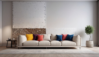 With a plain wall backdrop adorned in Rolling Pebble, the minimalist living room provides a calm and elegant environment for guests to unwind and enjoy their stay, Generative AI