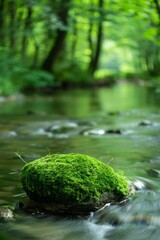 A moss-covered rock in a gently flowing stream, with a softly blurred background of forest foliage and water.