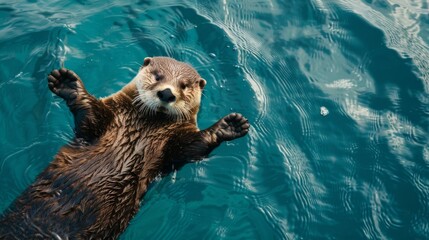 Floating Otter in Clear Blue Water, ai genarative